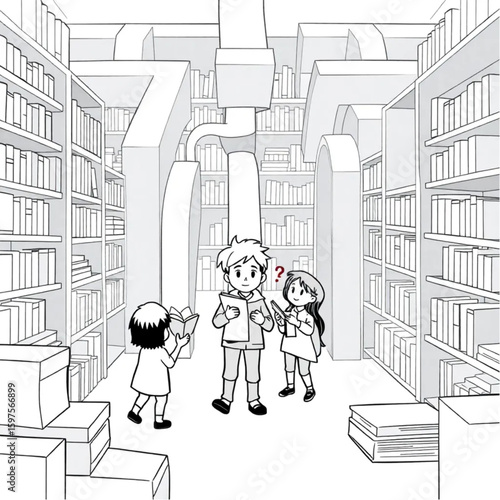A librarian guiding children through a mystery book maze