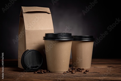 Two takeaway coffee cups and a paper coffee bag on a wooden table