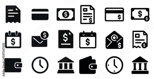 Finance and business solid icons set – filled, wallet, and billing symbols