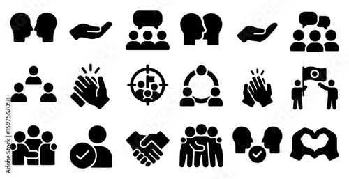 Communication and teamwork solid icons set – collaboration, interaction, group symbols