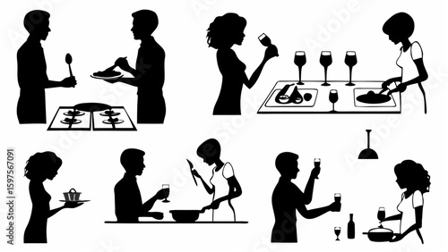 Silhouettes of people cooking, serving food, and drinking wine at a party or social gathering scene