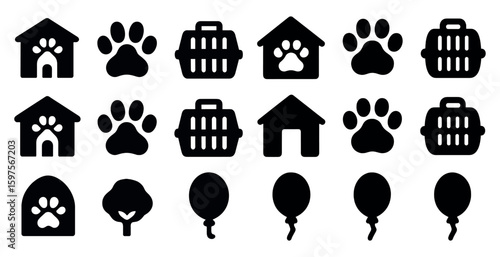 Pet care silhouette icons set – paw, animal, home and pet accessories symbols