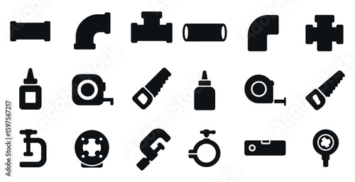 Plumbing tools silhouette icons set – solid, filled, repair and maintenance symbols