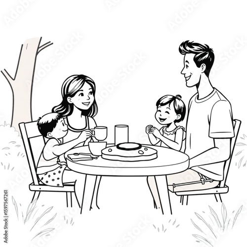 A family enjoying a pancake breakfast outdoors in summer