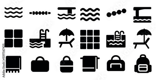Swimming and relaxation silhouette icons set – poolside, leisure, aquatic symbols