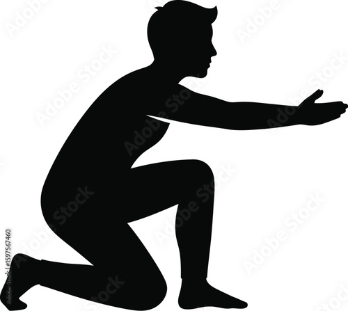 Silhouette of a man kneeling with arms outstretched 
