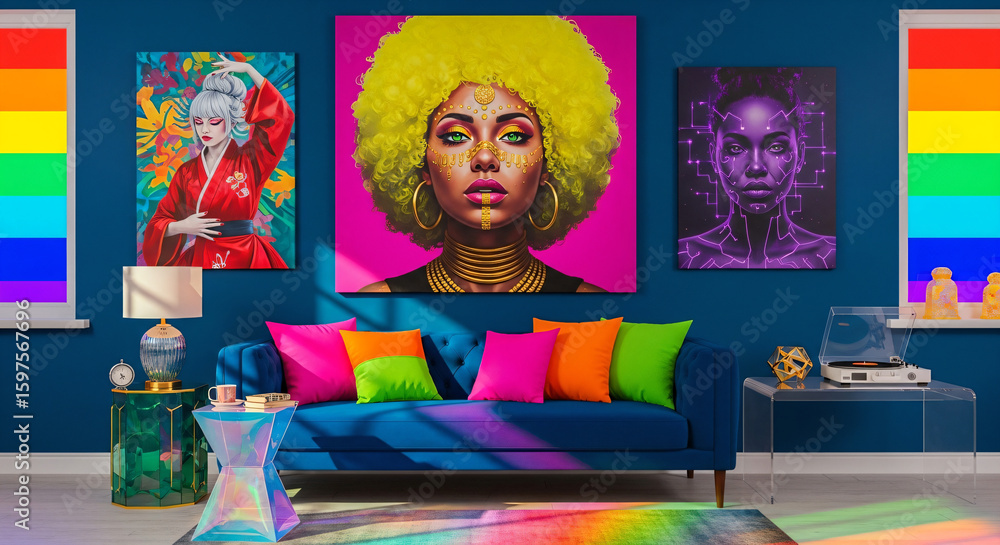 Naklejka premium A bold maximalist interior exploding with joyful colours, where vibrant portraits of unconventional women become the soul of the space. 