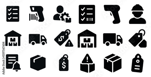 Inventory management solid icons set – warehouse, logistics, stock control symbols