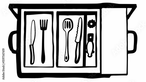 Overhead view of a cutlery organizer with a knife fork and spoon and other kitchen utensils inside it silhouette