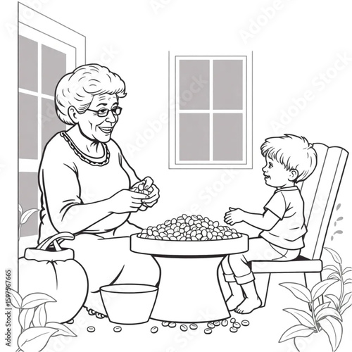 A grandmother shelling peas with a grandchild on a back porch