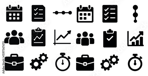 Business planning solid icons set – flat, filled, strategy and management symbols