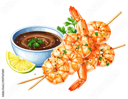 Grilled shrimp skewers with dark dipping sauce, lime wedge and fresh herbs on transparent background