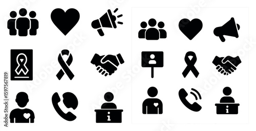 Charity and nonprofit solid icons set – silhouette, donation, fundraiser symbols