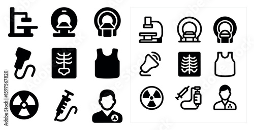 Medical equipment solid icons set – healthcare, radiology, diagnostic symbols