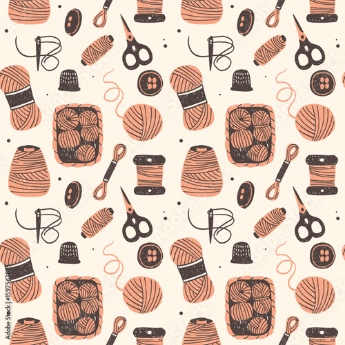 Seamless pattern with handicrafts, knitting, and embroidery