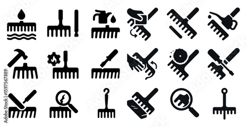 Gardening tools solid icons set – filled, garden, farm equipment symbols