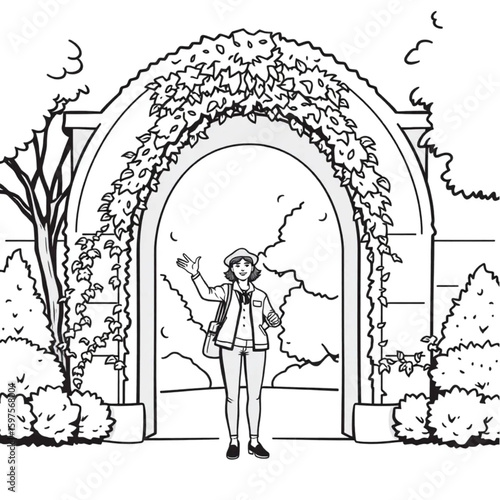 A campus tour guide gesturing at an ivy-covered arch