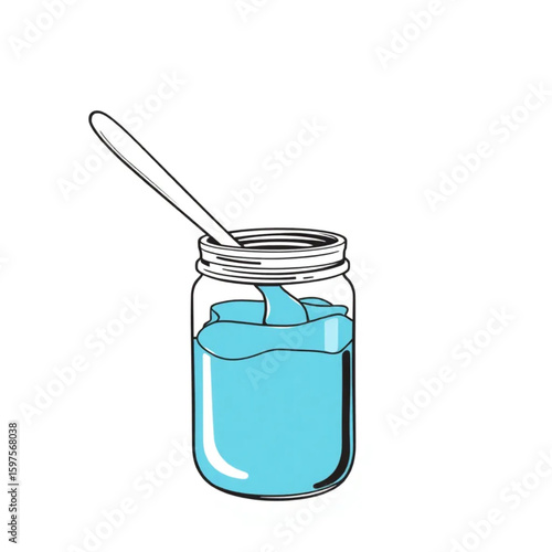 A hand stirring blue paint in a mason jar