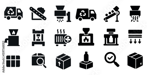 Recycling and waste management solid icons set – flat, filled, eco-friendly symbols