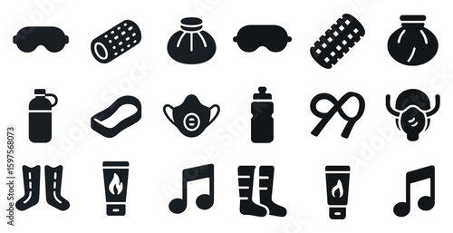Fitness and wellness solid icons set – filled, workout and health symbols for design