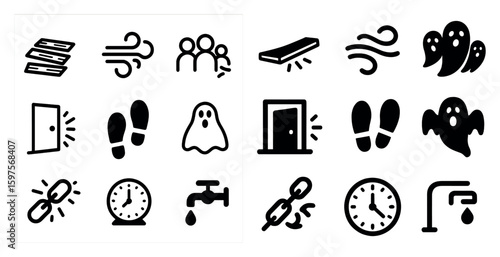Mystery and horror silhouette icons set – spooky, ghostly, haunted symbols