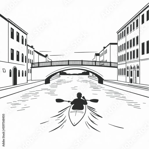A kayaker paddling under canal bridges at dusk
