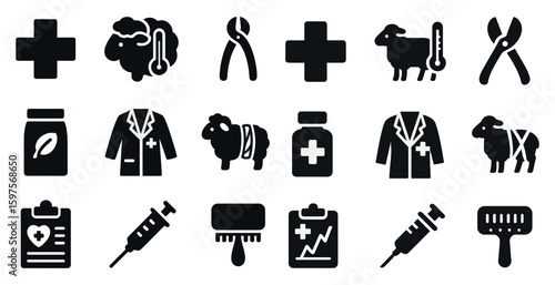 Veterinary health solid icons set – medical, animal care, pet symbols collection