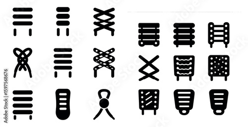 Shoe lacing solid icons set – filled, footwear, tying techniques symbols