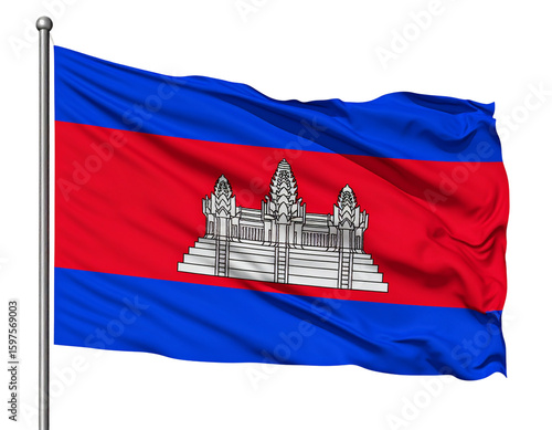 Waving Cambodian Flag with Angkor Wat Emblem, Side-Angled View, Isolated PNG.