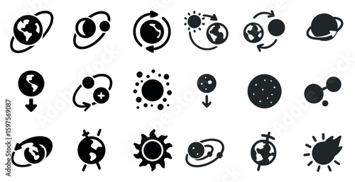 Science and space solid icons set – filled, planetary, astronomy symbols