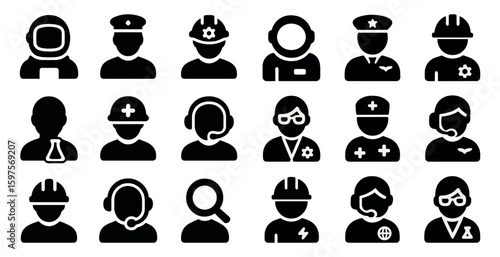 Professions solid icons set – outline, filled, career and occupation symbols