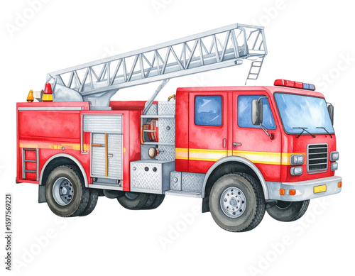 Watercolor fire truck with extended ladder illustration for emergency services, firefighter and rescue vehicle concepts