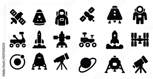 Space exploration icons set – solid, silhouette, astronomy and rocket symbols