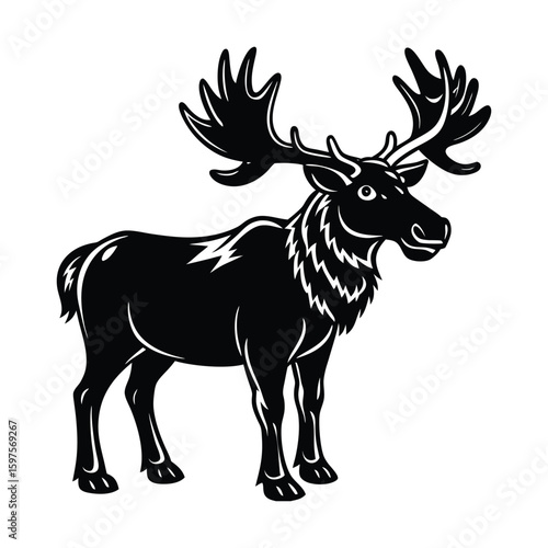 Vector illustrations of wild deer and goat mammal silhouettes with prominent antlers and horns