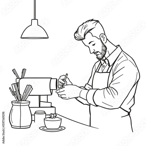 A barista sketching latte art before the morning rush