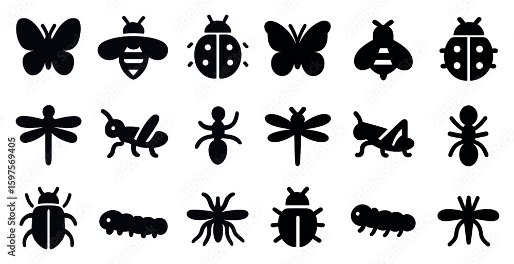 Naklejka premium Insect and bug solid icons set – filled, silhouette, nature and entomology symbols
