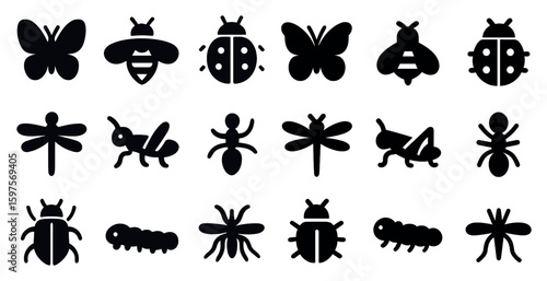Insect and bug solid icons set – filled, silhouette, nature and entomology symbols