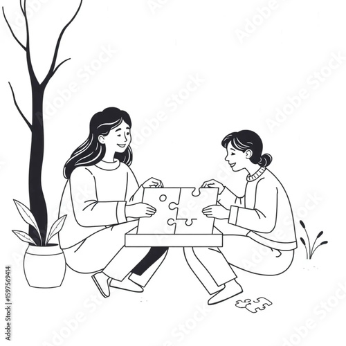A couple assembling a jigsaw puzzle on a rainy day