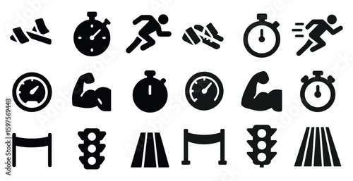 Fitness and exercise solid icons set – flat, filled, workout and gym symbols