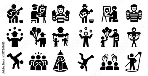 Performing arts silhouette icons set – solid, filled, entertainment and creative symbols