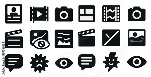 Photography and film solid icons set – silhouette, camera, video symbols