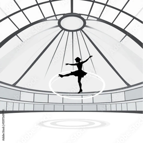 An ice dancer practicing spirals under an arena dome