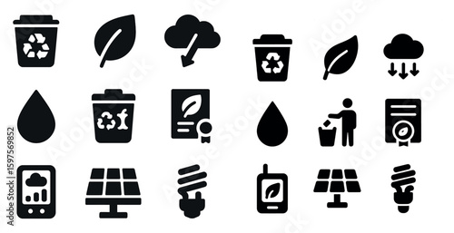Eco and recycling solid icons set – silhouette, filled, green and sustainable symbols