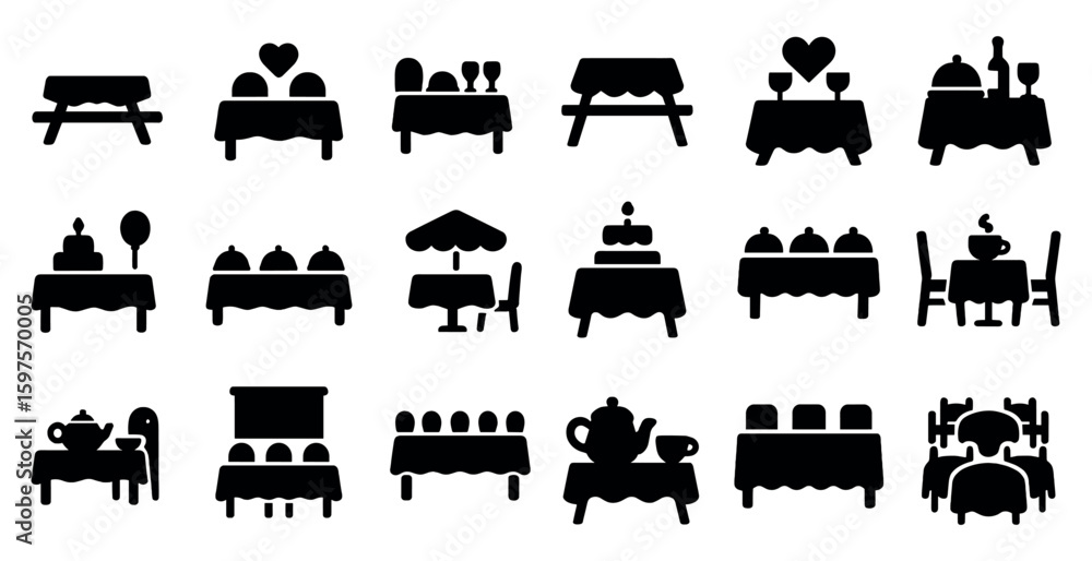 Naklejka premium Dining and restaurant silhouette icons set – flat, filled, food and drink symbols