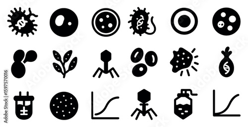 Microbiology solid icons set – filled, bacteria, virus and cell symbols