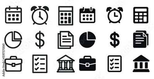 Business and finance icons set in solid style – concise, monetary, economic symbols