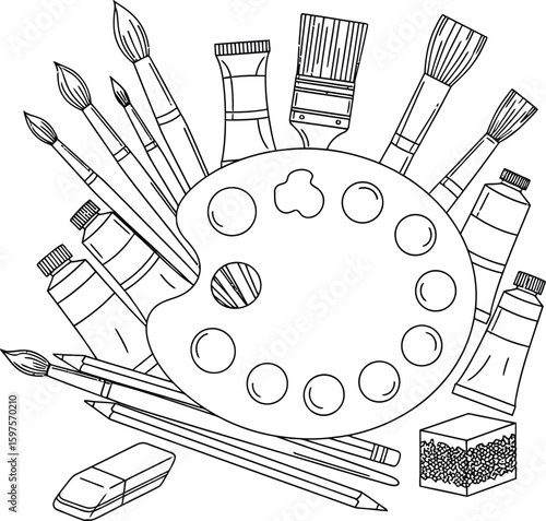 Vector of Art supplies coloring page for kids and adults printable art therapy and creative hobby black and white