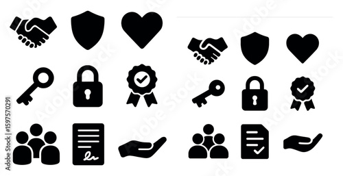 Business security solid icons set – silhouette, filled, handshake, protection symbols
