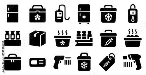 Cold chain management solid icons set – filled, logistics, temperature control graphics