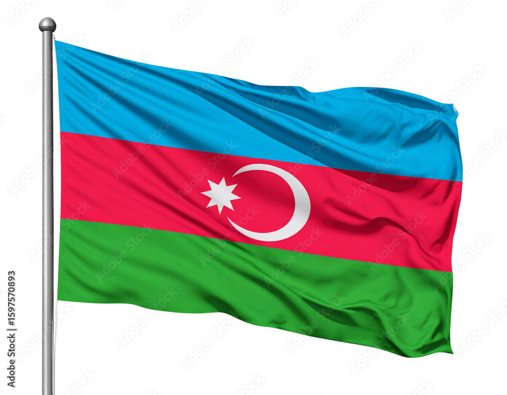 Naklejka premium Waving Azerbaijan Flag with Crescent and Star, Side-Angled View, Isolated PNG.